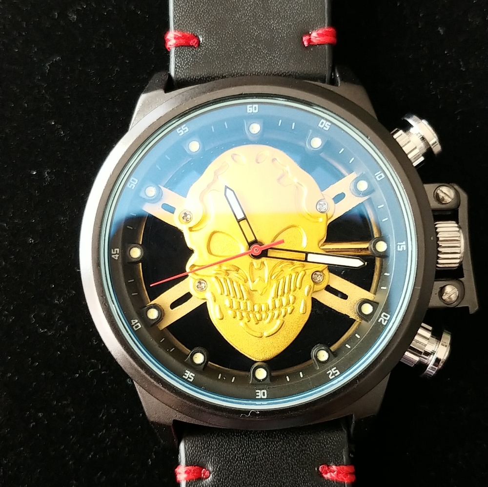Gold Skull Dial Men's Watch with Black Strap